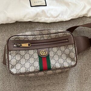'Ophidia' Beige and Ebony Fanny Pack with Web Detail and Double G in GG Supreme